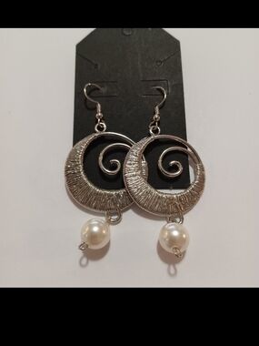 Silver Spiral Hoop Earrings with White Pearl Dangles
